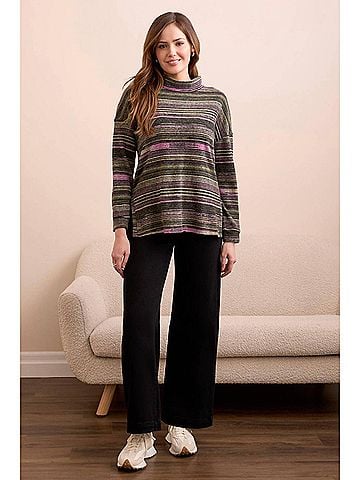 Tribal Striped Mock Neck Top With Side Slits in Pink Flambe (view 2)