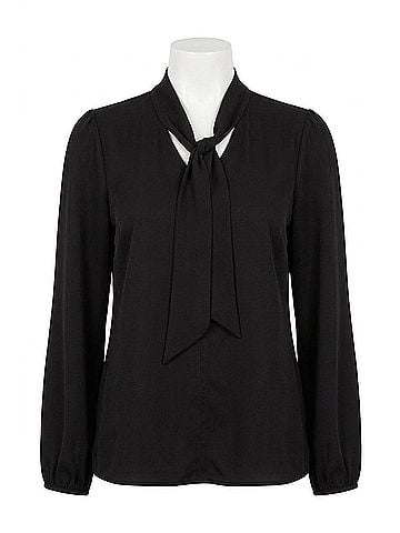 KLD Signature Tie Bubble Hem Blouse in Black (view 1)
