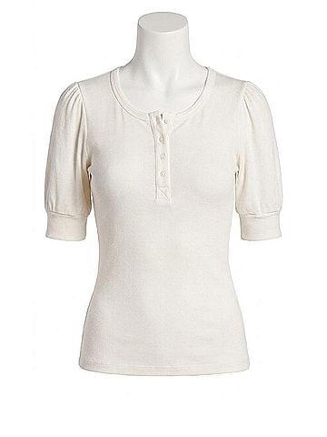 Bobi Puff Sleeve Boxy Henley Top in Cream (view 1)