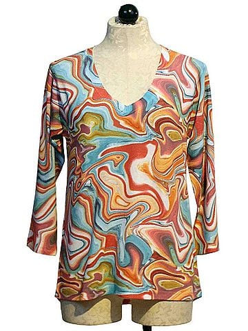 Nally & Millie Women's Swirl Print V Neck Top in Multicolor (view 1)