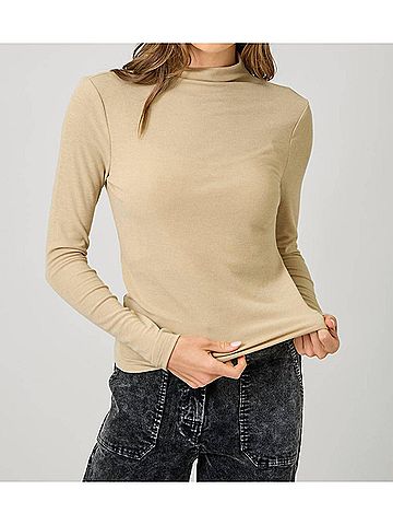 Mystree Knit Mock Neck Long Sleeve Top in Almond (view 2)