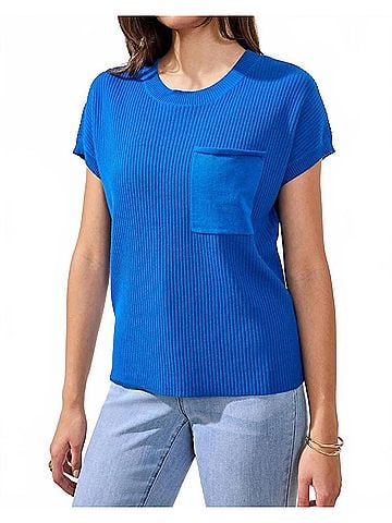 Tribal Dolman Short Sleeve Ribbed Knit Top in Turkish Sea (view 2)