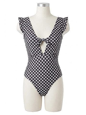 Marina West Low V-Neck Ruffle One Piece Swimsuit in Gingham Black (view 1)