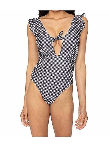Marina West Low V-Neck Ruffle One Piece Swimsuit in Gingham Black (view 2)