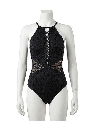 Profile by Gottex Lace Strappy High Neck One Piece Swimsuit in Shalimar Black (view 1)