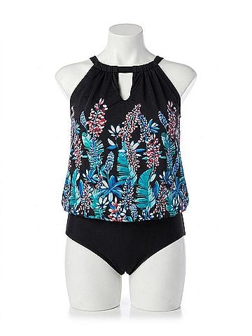 Maxine High Neck Keyhole Blouson One Piece Swimsuit - Plus Size in Prairie Dreams (view 1)