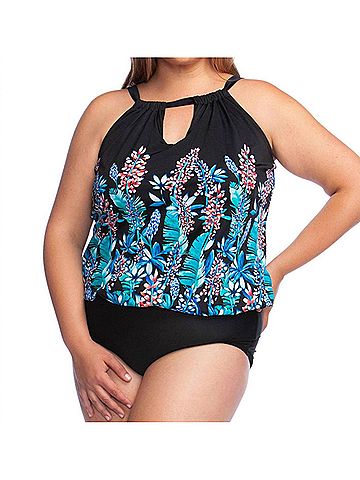 Maxine High Neck Keyhole Blouson One Piece Swimsuit - Plus Size in Prairie Dreams (view 2)