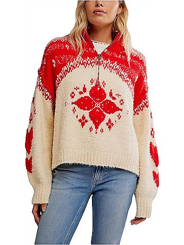 Free People Mythical Turtle Neck Sweater in Vanilla Scarlet Combo (view 2)