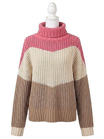 Pol Textured Colorblock Turtleneck Sweater in Bubblegum Pink Multi (view 1)