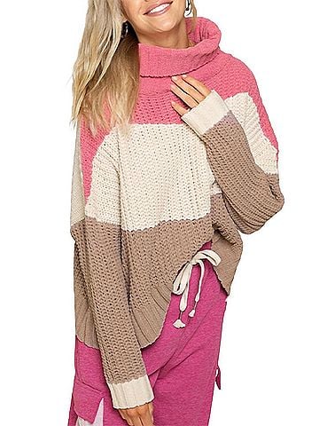 Pol Textured Colorblock Turtleneck Sweater in Bubblegum Pink Multi (view 2)