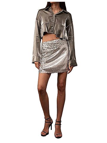 Promesa U.S.A. Colorblock Sequins High Waist Mini Skirt in Silver (view 2)