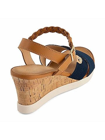 Andrea Women's Ankle-Strap Wedge Sandals in Blue/ Tan (view 2)