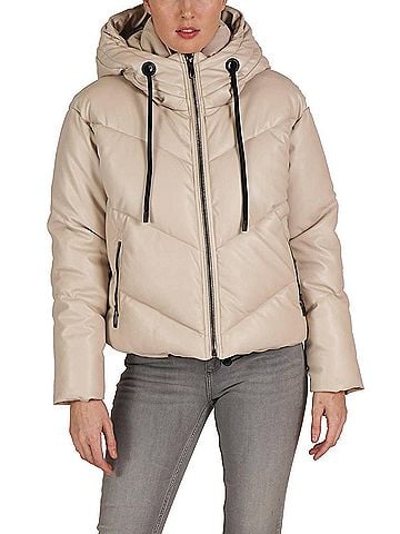 Love Token Long Sleeve Hooded Puffer Jacket in Beige (view 2)