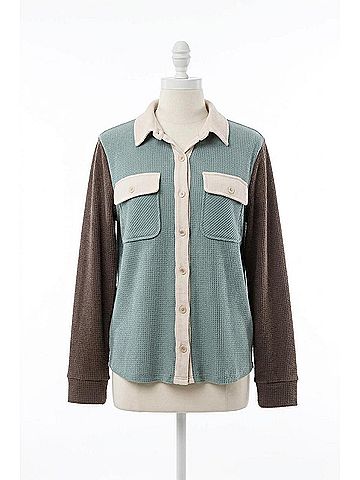 Staccato Color Block Button Up Shacket in Aqua (view 1)