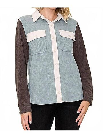 Staccato Color Block Button Up Shacket in Aqua (view 2)