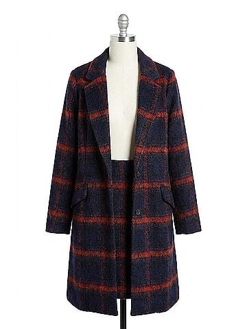 Skies Are Blue Plaid Long Coat in Navy/Orange (view 1)