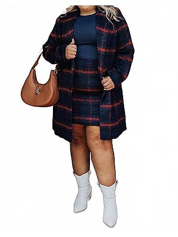 Skies Are Blue Plaid Long Coat in Navy/Orange (view 2)