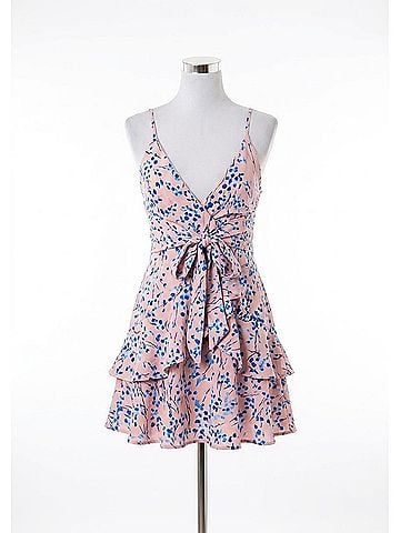 Saints + Secrets Floral Printed Sleeveless Tea Dress With Ruffled Trim in Blush (view 1)