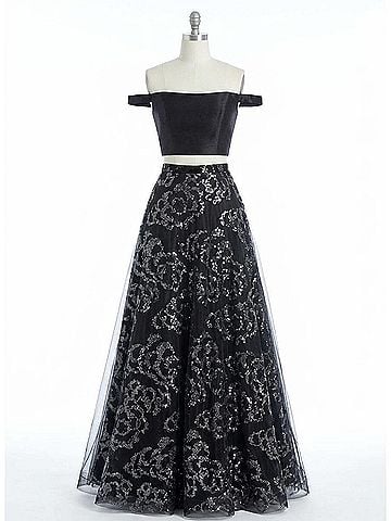 Rachel Allan Floral Sequin Two-Piece Gown in Black (view 1)