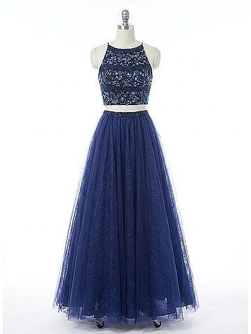 Rachel Allan Embellished Two-Piece Tulle Prom Dress in Navy (view 1)