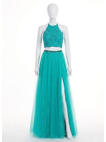 Rachel Allan Embroidered Lace Tulle Two-Piece Prom Dress in Jade (view 1)