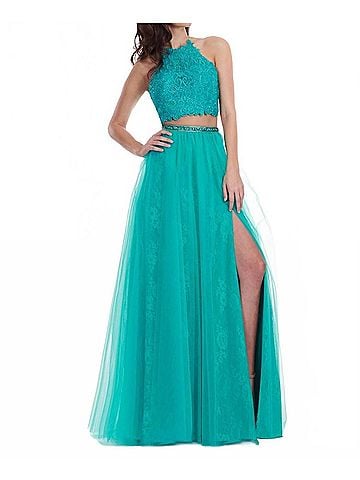 Rachel Allan Embroidered Lace Tulle Two-Piece Prom Dress in Jade (view 2)