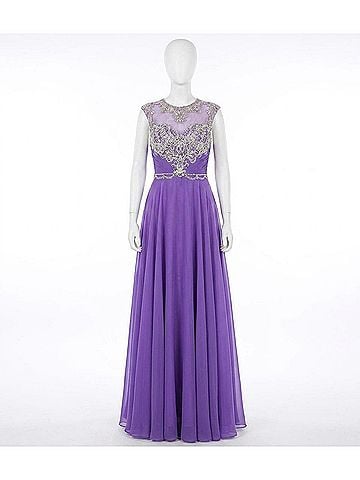 Rachel Allan Beaded High Mesh Neckline Chiffon Gown in Purple (view 1)