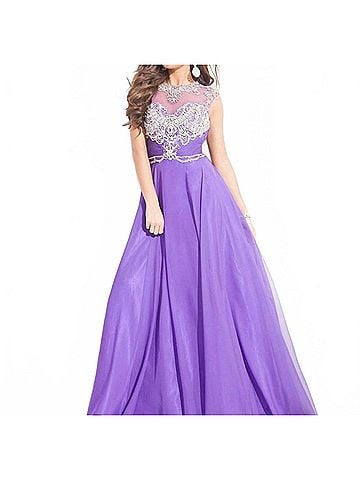 Rachel Allan Beaded High Mesh Neckline Chiffon Gown in Purple (view 2)