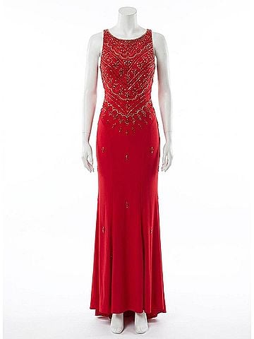 Rachel Allan Scoop Neck Beaded Jersey Prom Gown in Red (view 1)
