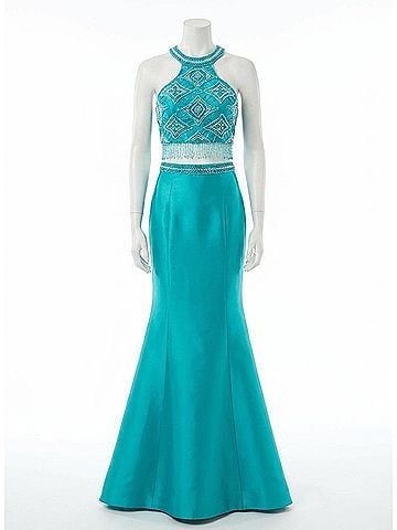 Rachel Allan Two-Piece Beaded Mikado Prom Gown in Jade (view 1)