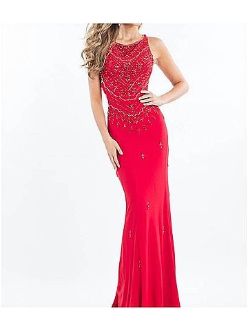 Rachel Allan Scoop Neck Beaded Jersey Prom Gown in Red (view 2)
