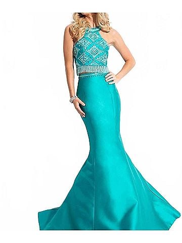 Rachel Allan Two-Piece Beaded Mikado Prom Gown in Jade (view 2)