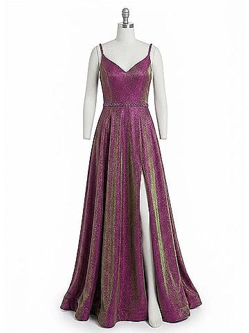 Rachel Allan Glitter Woven Prom Gown With Slit in Magenta/Gold (view 1)