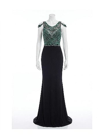Rachel Allan Beaded Jersey Sheath Evening Gown in Black (view 1)