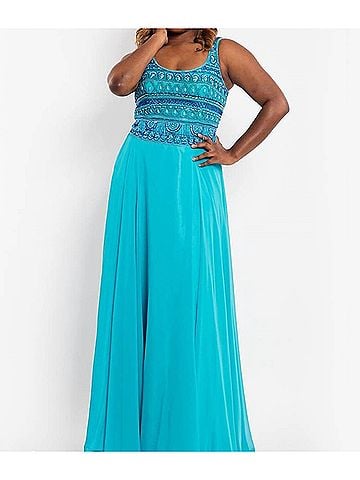 Rachel Allan Scoop Neck Beaded Chiffon Prom Gown in Aqua (view 2)