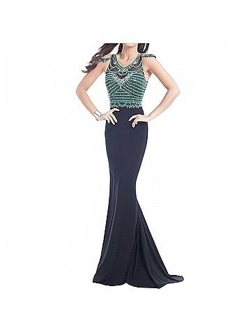 Rachel Allan Beaded Jersey Sheath Evening Gown in Black (view 2)