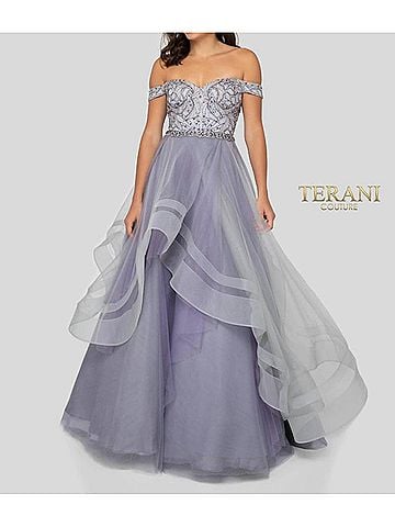 Terani Couture Embellished Off-The-Shoulder A-Line Dress in Lilac (view 2)