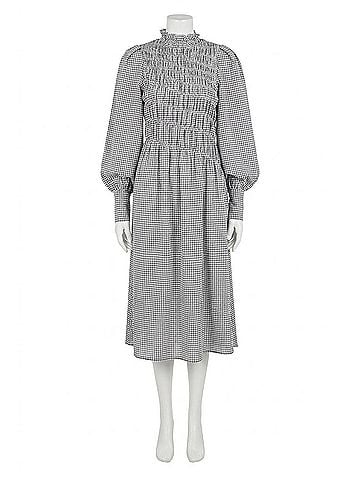 Victoria Beckham Shirred Gingham Seersucker Midi Dress in Grey (view 1)