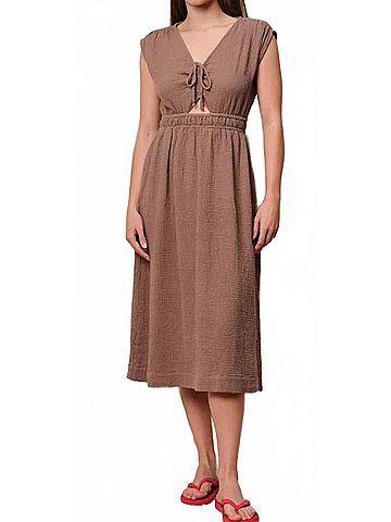 Sundry Midi Ruched Dress in Taupe (view 2)