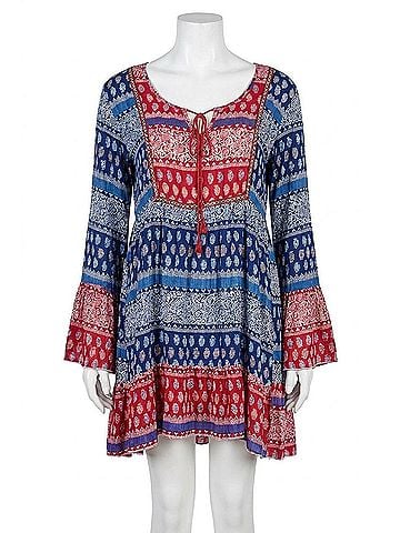 Velzera Tassel Tie Bell Sleeve Mini Dress in Blue (view 1)