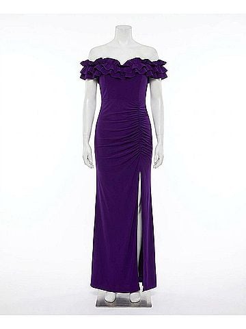 Xscape Ruffled Off-The-Shoulder Long Sheath Dress in Purple (view 1)