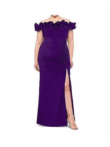 Xscape Ruffled Off-The-Shoulder Long Sheath Dress in Purple (view 2)