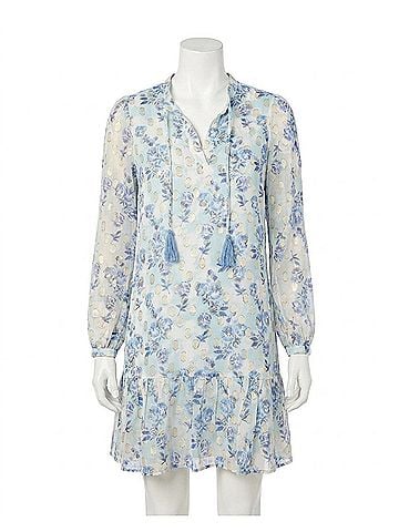 Sail to Sable Ruffle Hem Dress With Tassels in Falling Violets Print (view 1)