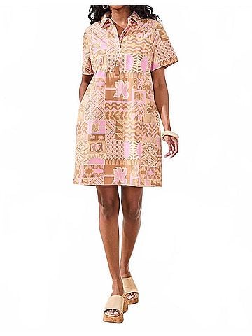 Tribal Tropical Print Poplin Shift Short Sleeve Dress in Pink (view 2)