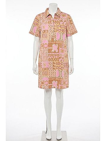 Tribal Tropical Print Poplin Shift Short Sleeve Dress in Pink (view 1)