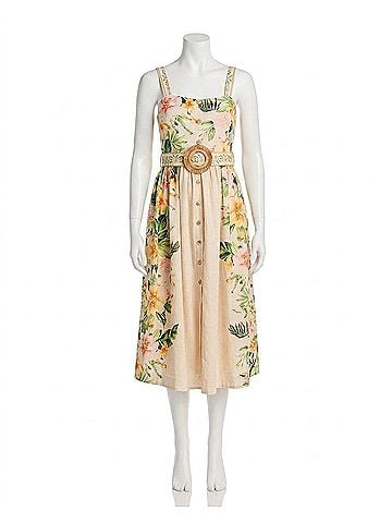 Moon River Belted Floral Midi Dress in Cream Multi (view 1)