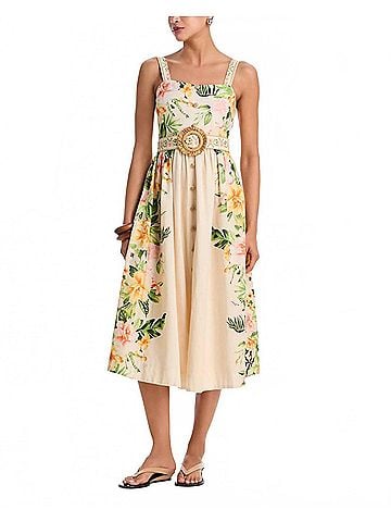 Moon River Belted Floral Midi Dress in Cream Multi (view 2)