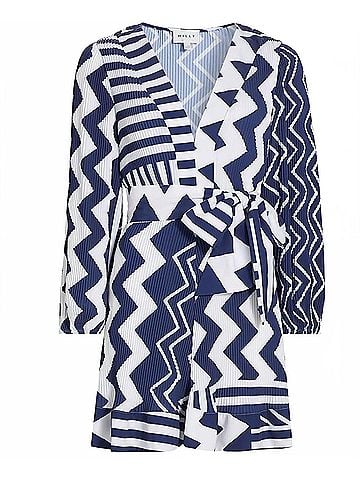 Milly Women's Liv Patchwork Chevron Pleated Dress in Navy Multi (view 2)