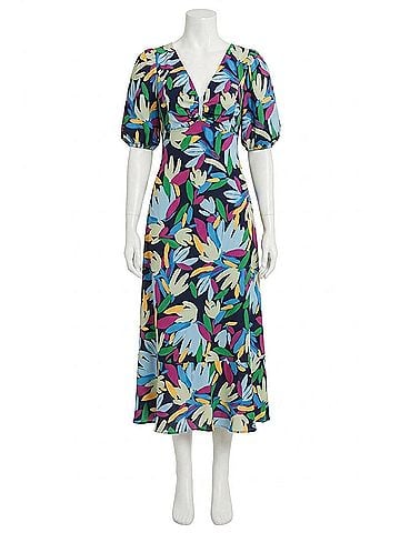 Donna Morgan Short Sleeve Leaf Print Midi Dress in Navy Light Blue (view 1)