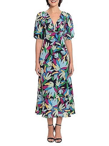 Donna Morgan Short Sleeve Leaf Print Midi Dress in Navy Light Blue (view 2)